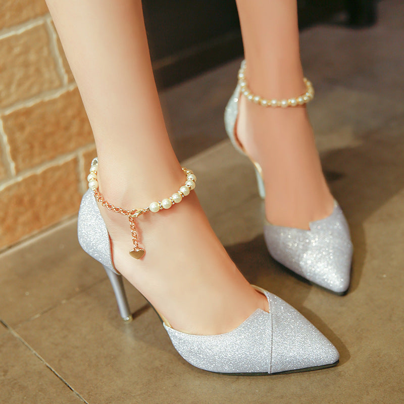 Sarah | Orthopedic Elegant Glitter Pumps with Pearl Ankle Strap & Slim Stiletto Heel