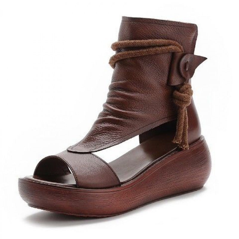 Lexa | Orthopedic Vintage Leather Open-Toe Wedge Sandals – Boho Ankle Wrap Design