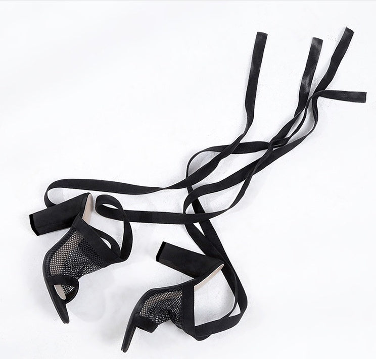 NoirLace | Orthopedic Bandage Block Heel Sandals with Mesh Detail