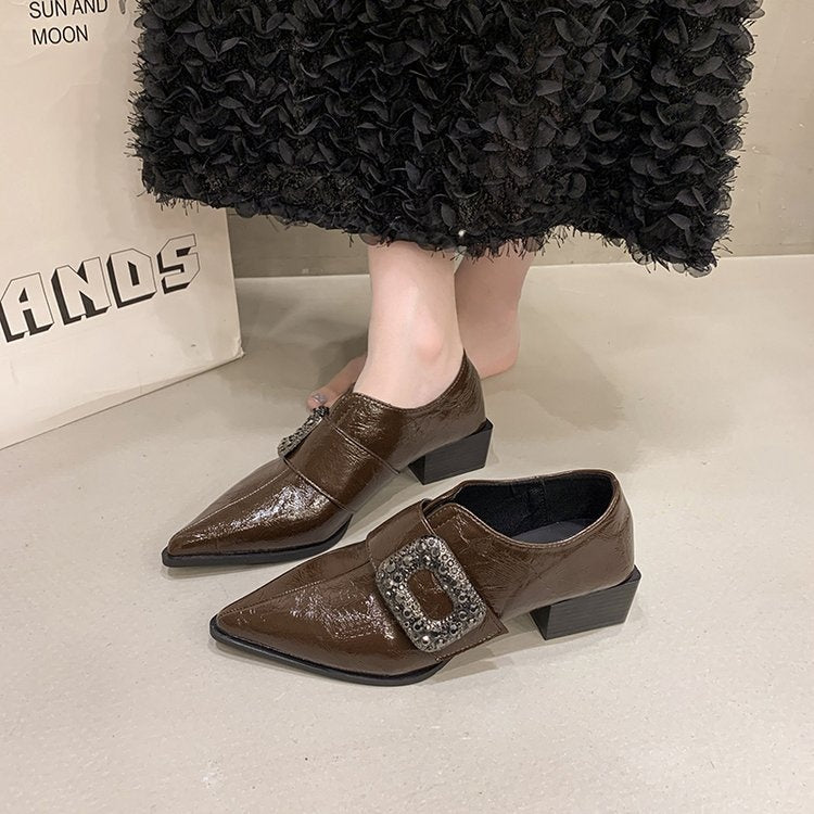 Glossy Buckle Strap Block Heel Loafers