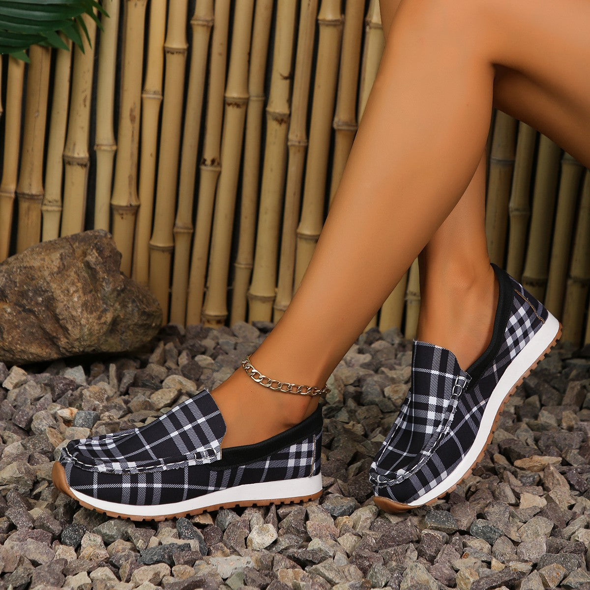 OrthoCare Women’s Plaid Slip-On Loafers – Lightweight Casual Comfort Shoes