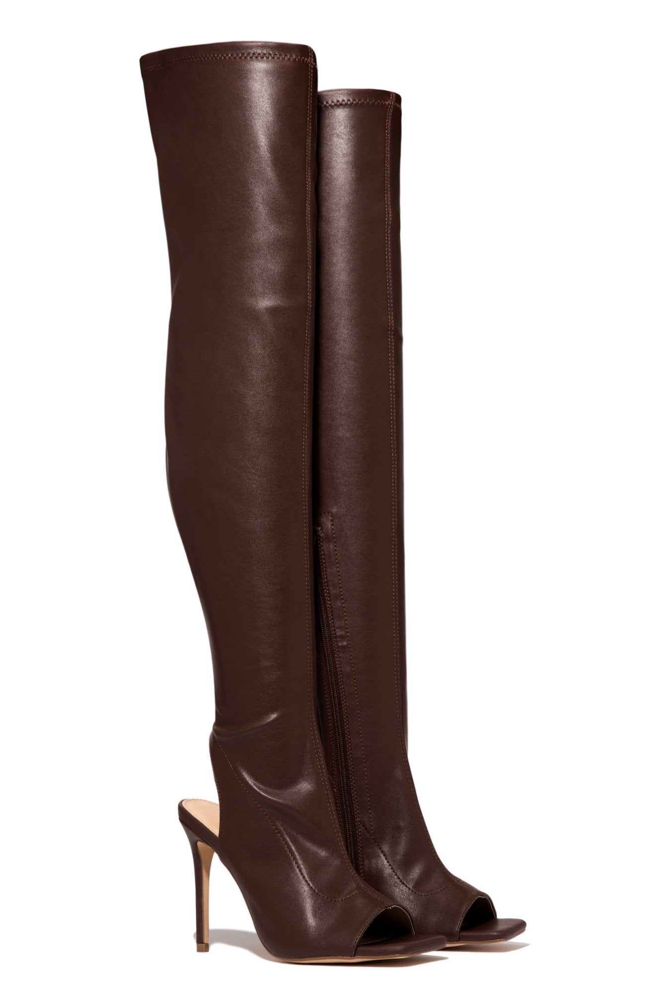 Qamar | Orthopedic Nude Faux Leather Peep-Toe Thigh-High Stiletto Boots