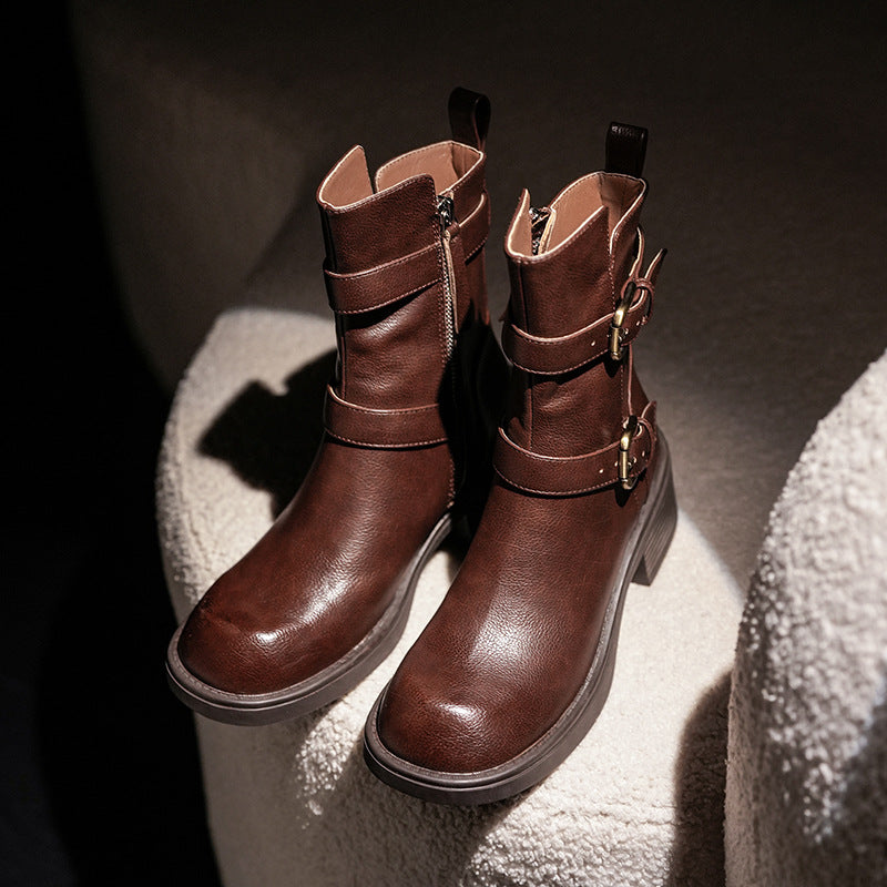 Sandy | Orthopedic Women's Double Belt Buckle Side Zipper Chunky Heel Ankle Boots