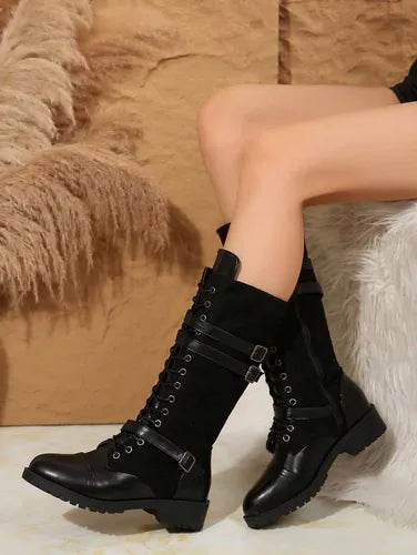 Lea | Orthopedic Round Toe Rivet Belt Buckle Square Heel Boots