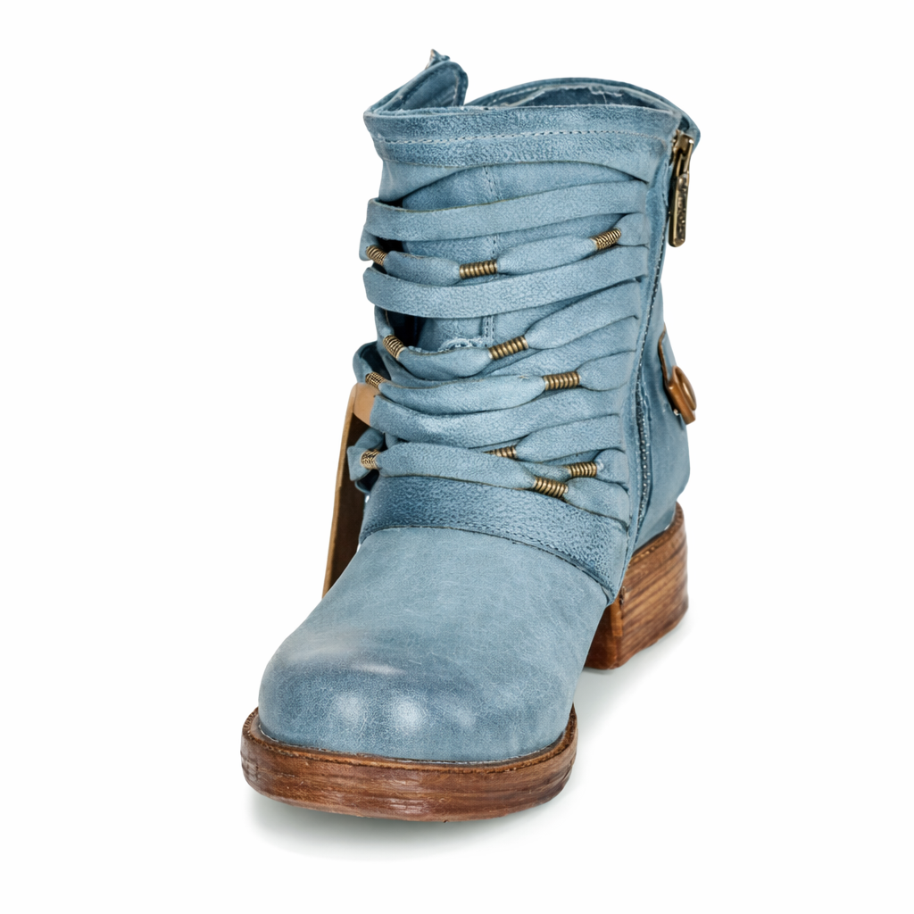 Riven | Orthopedic Distressed Charcoal Wrapped-Strap Ankle Boots