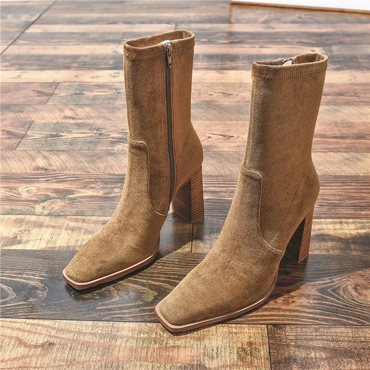 Melody | Orthopedic Women’s Suede Square-Toe Block Heel Ankle Boots with Side Zippe