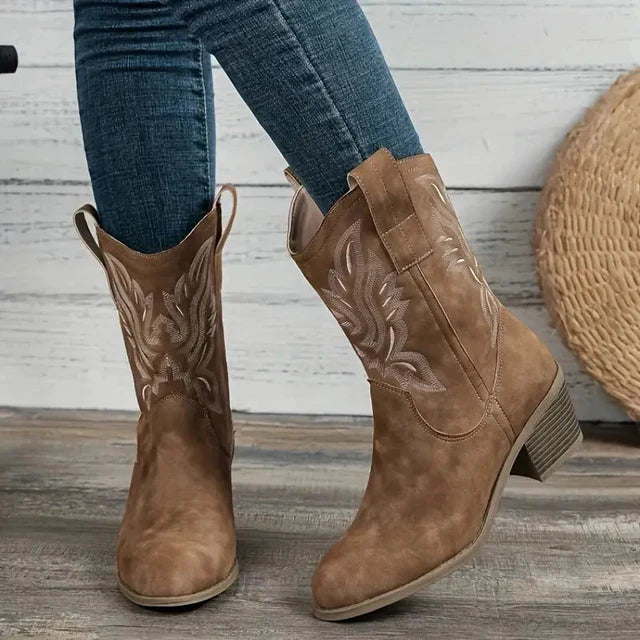 OrthoCare Embroidered Western Boots - Chunky Heel