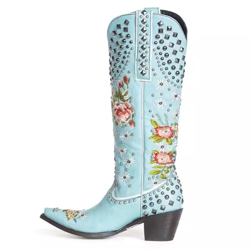 OrthoCare Floral Blue Studded Pointed Toe Boots