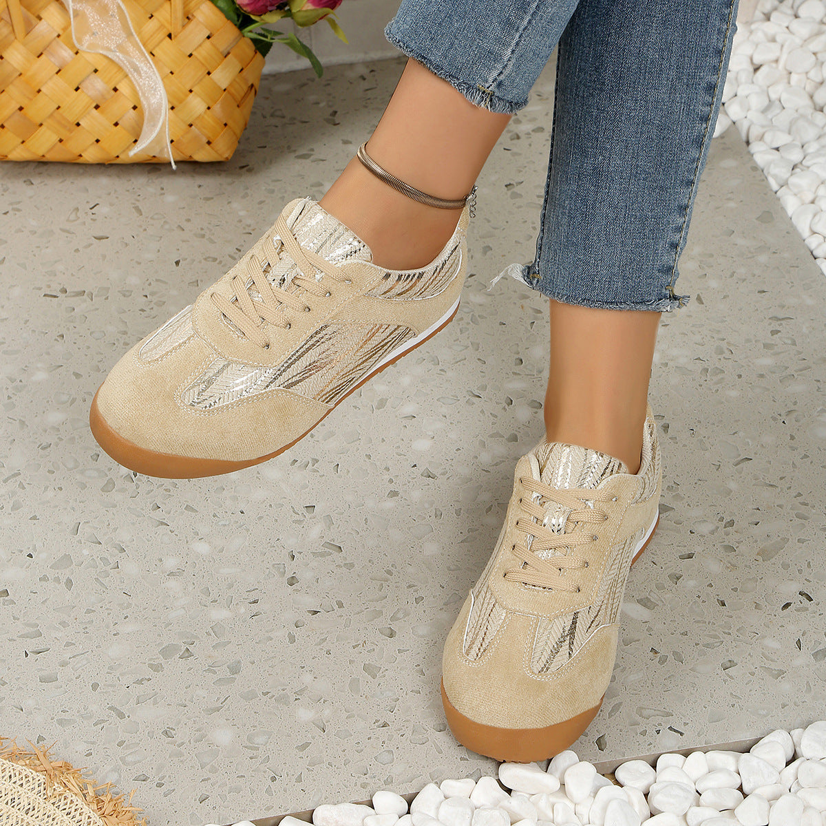 Laura | Orthopedic Beige Suede Pattern Sneakers – Casual Chic Comfort Shoes