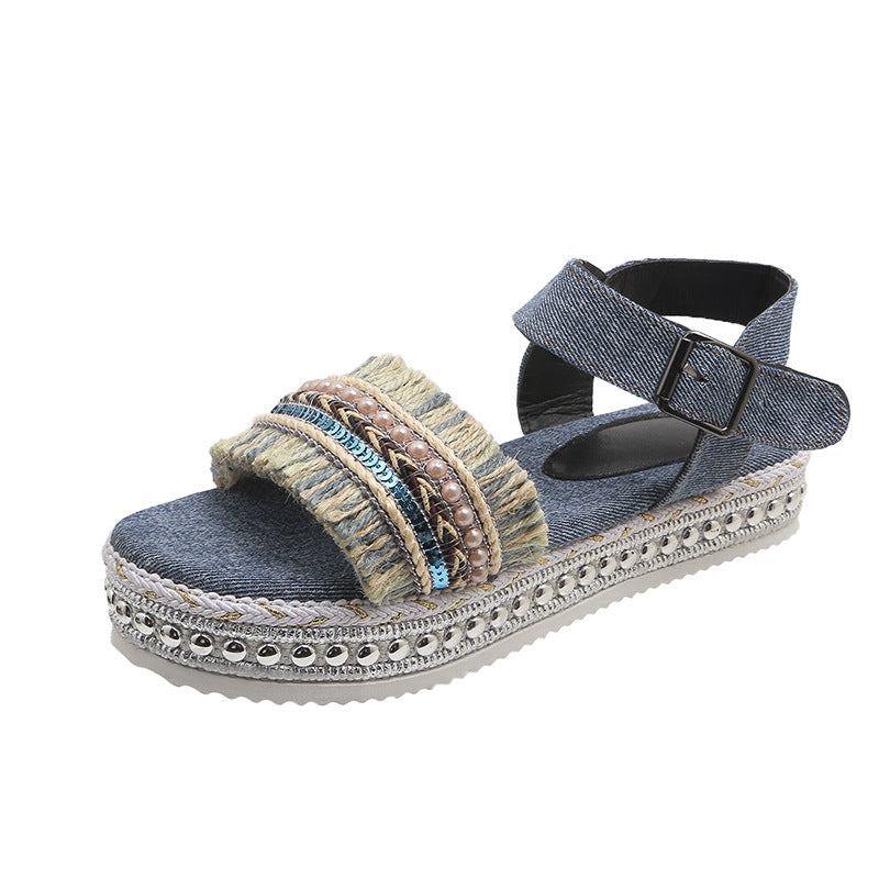 OrthoCare Denim Sandals With Fringe, Ethnic And Unique Style For Summer