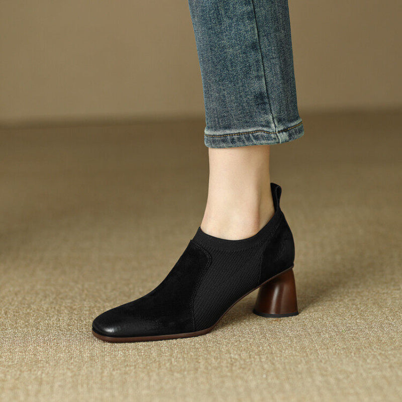 OrthoCare Square High Leather Heels With A Unique Patchwork Design