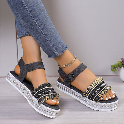 OrthoCare Denim Sandals With Fringe, Ethnic And Unique Style For Summer