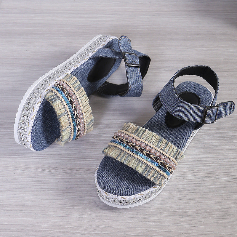 OrthoCare Denim Sandals With Fringe, Ethnic And Unique Style For Summer