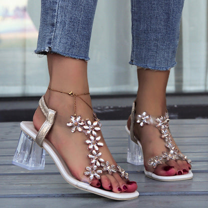 Fiona | Orthopedic Floral Crystal Sandals with Clear Block Heel