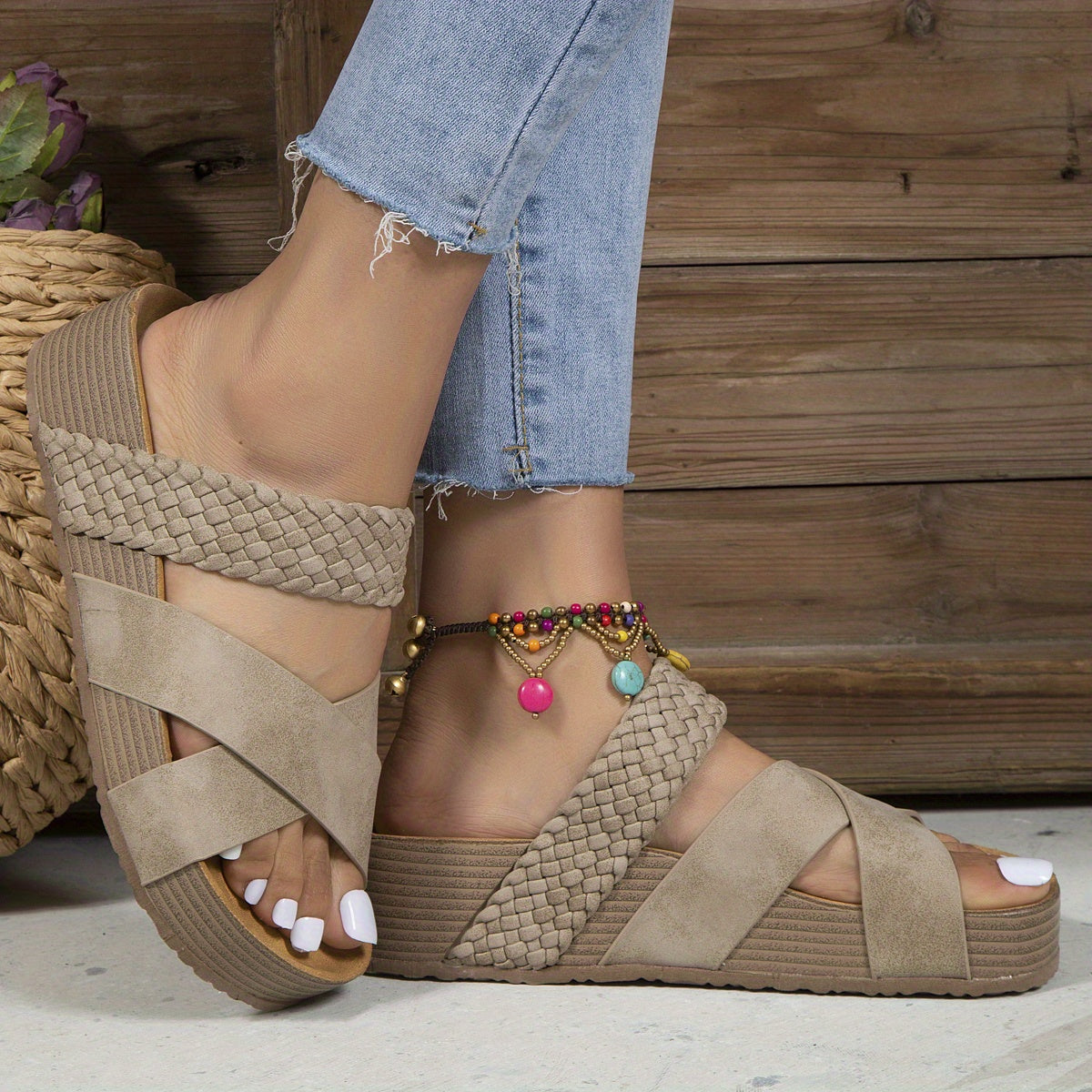 Caitlin | Orthopedic Woven Platform Sandals – Cross-Strap Slip-On Comfort