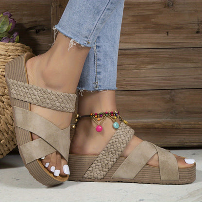 Caitlin | Orthopedic Woven Platform Sandals – Cross-Strap Slip-On Comfort
