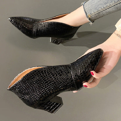 Mirevina | Women’s Orthopedic Croc-Embossed Pointed Toe Block Heel Pumps