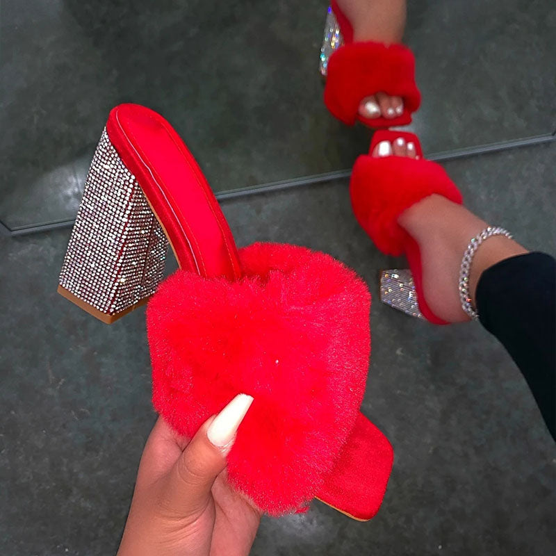 Zafira | Women’s Orthopedic Faux Fur Rhinestone Block Heel Mule Sandals
