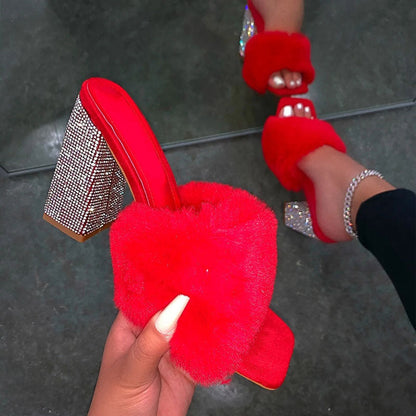 Zafira | Women’s Orthopedic Faux Fur Rhinestone Block Heel Mule Sandals