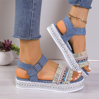 OrthoCare Denim Sandals With Fringe, Ethnic And Unique Style For Summer