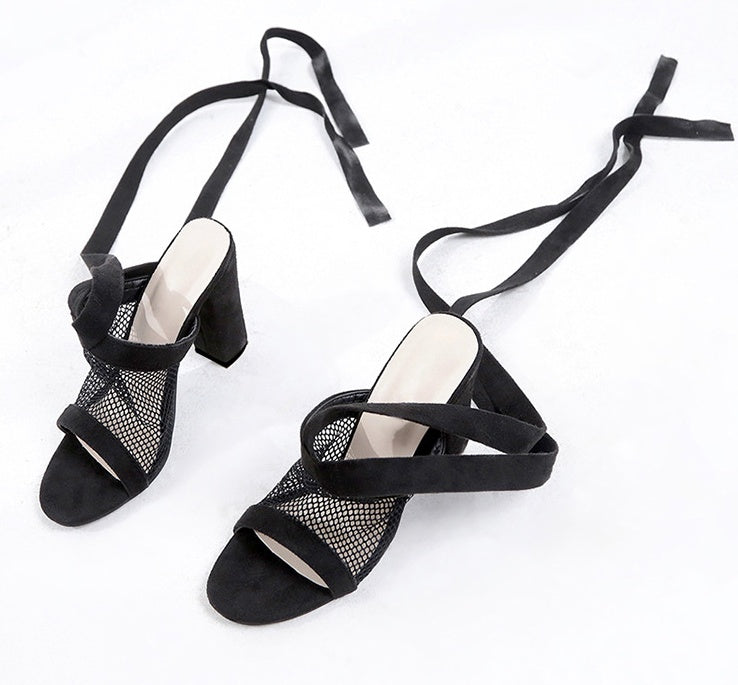 NoirLace | Orthopedic Bandage Block Heel Sandals with Mesh Detail