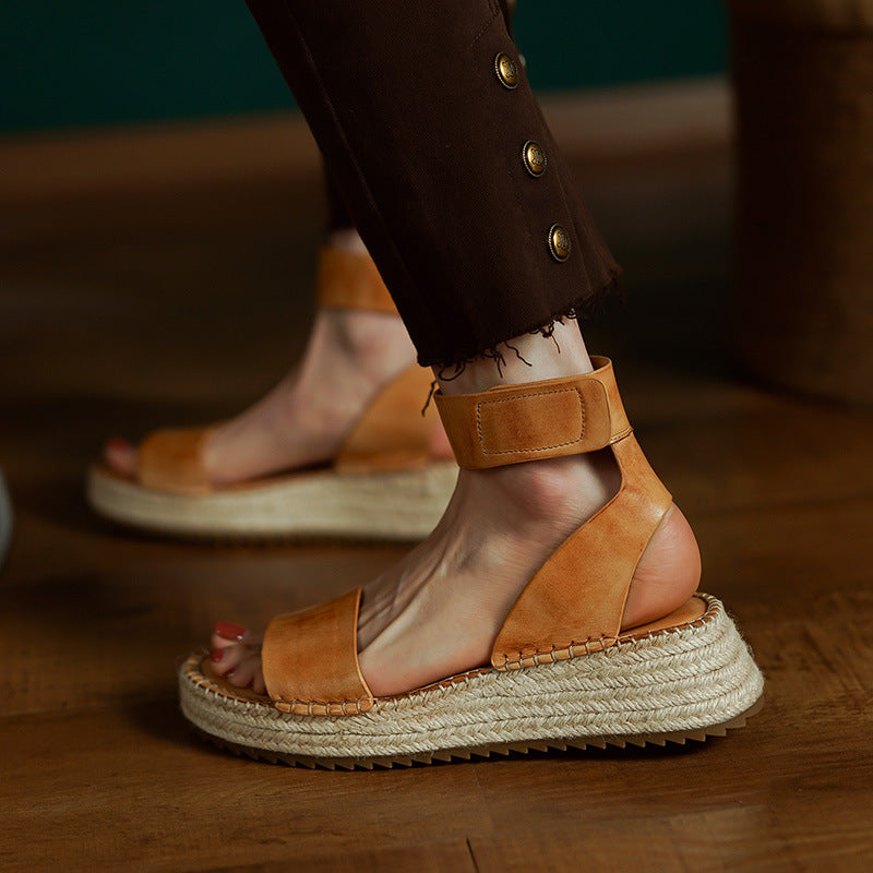 OrthoCare Vintage Flat Sandals In Braided Leather With A Wedge Heel