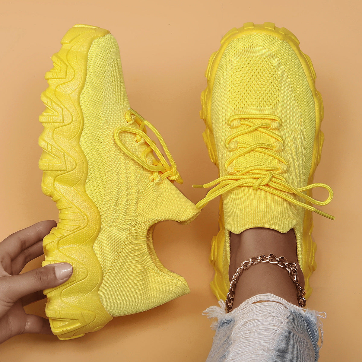 Orthopedic Chunky Sneakers – Breathable Knit Lace-Up Comfort Walking Shoes