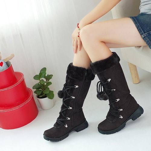 Valeria | Orthopedic Tall Lace-Up Fur Pom Suede Winter Boots