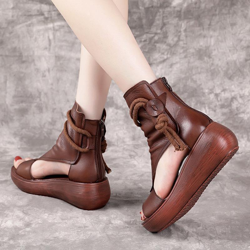 Lexa | Orthopedic Vintage Leather Open-Toe Wedge Sandals – Boho Ankle Wrap Design