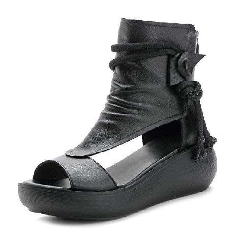 Lexa | Orthopedic Vintage Leather Open-Toe Wedge Sandals – Boho Ankle Wrap Design