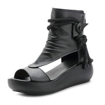 Lexa | Orthopedic Vintage Leather Open-Toe Wedge Sandals – Boho Ankle Wrap Design