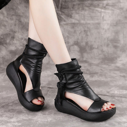 Lexa | Orthopedic Vintage Leather Open-Toe Wedge Sandals – Boho Ankle Wrap Design
