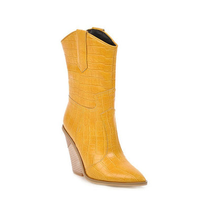 Querida | Orthopedic Embossed Pointed-Toe Block Heel Ankle Boots