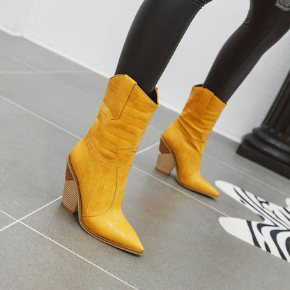 Querida | Orthopedic Embossed Pointed-Toe Block Heel Ankle Boots