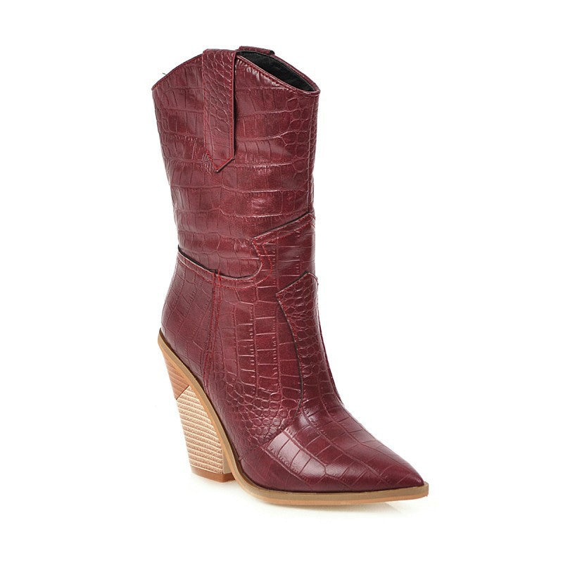 Querida | Orthopedic Embossed Pointed-Toe Block Heel Ankle Boots