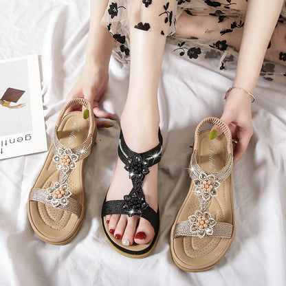 OrthoCare Boho Flat Sandals With Unique Flowers And Rhinestones