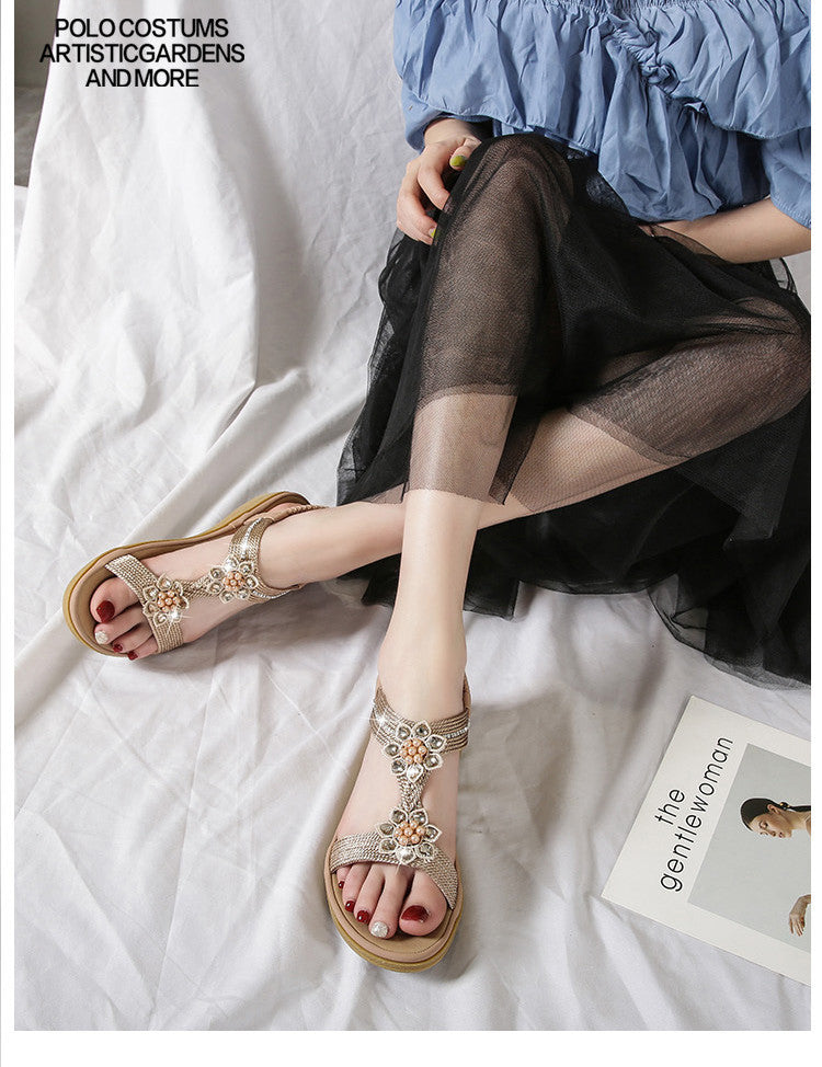 OrthoCare Boho Flat Sandals With Unique Flowers And Rhinestones