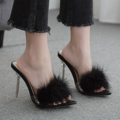 Winie | Orthopedic Luxe Fluffy Stiletto Heels with Open-Toe Slip-On Design