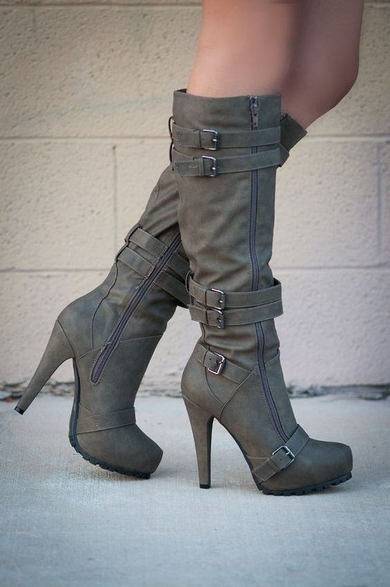 Bela | Orthopedic Retro High-Heel Boots – Zipper & Buckle Knee-High Booties