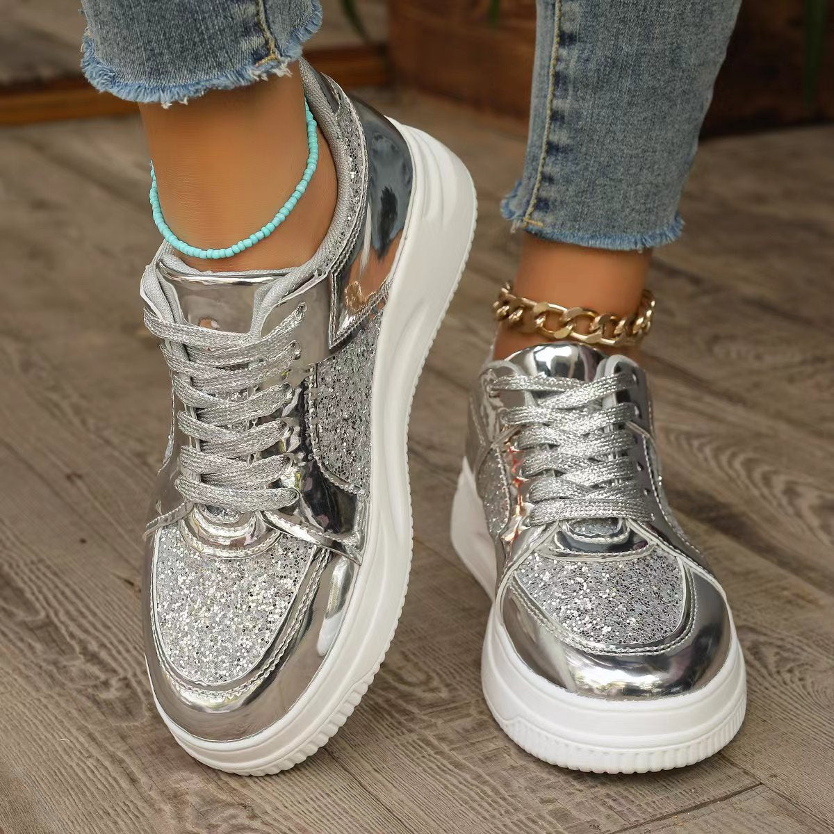 OrthoCare Unique Sequined Lace-Up Flat Shoes