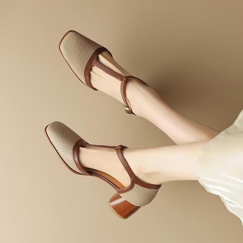 Quiana | Women’s Orthopedic Woven T-Strap Block Heel Pumps