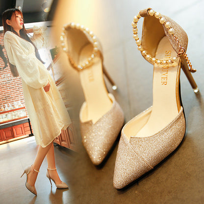 Sarah | Orthopedic Elegant Glitter Pumps with Pearl Ankle Strap & Slim Stiletto Heel