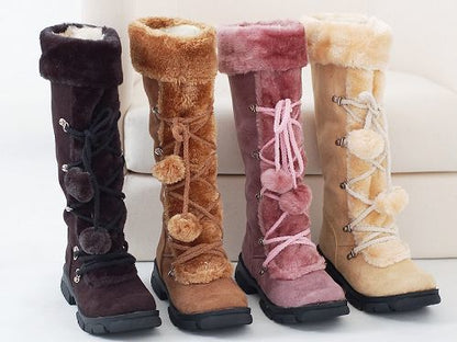 Valeria | Orthopedic Tall Lace-Up Fur Pom Suede Winter Boots