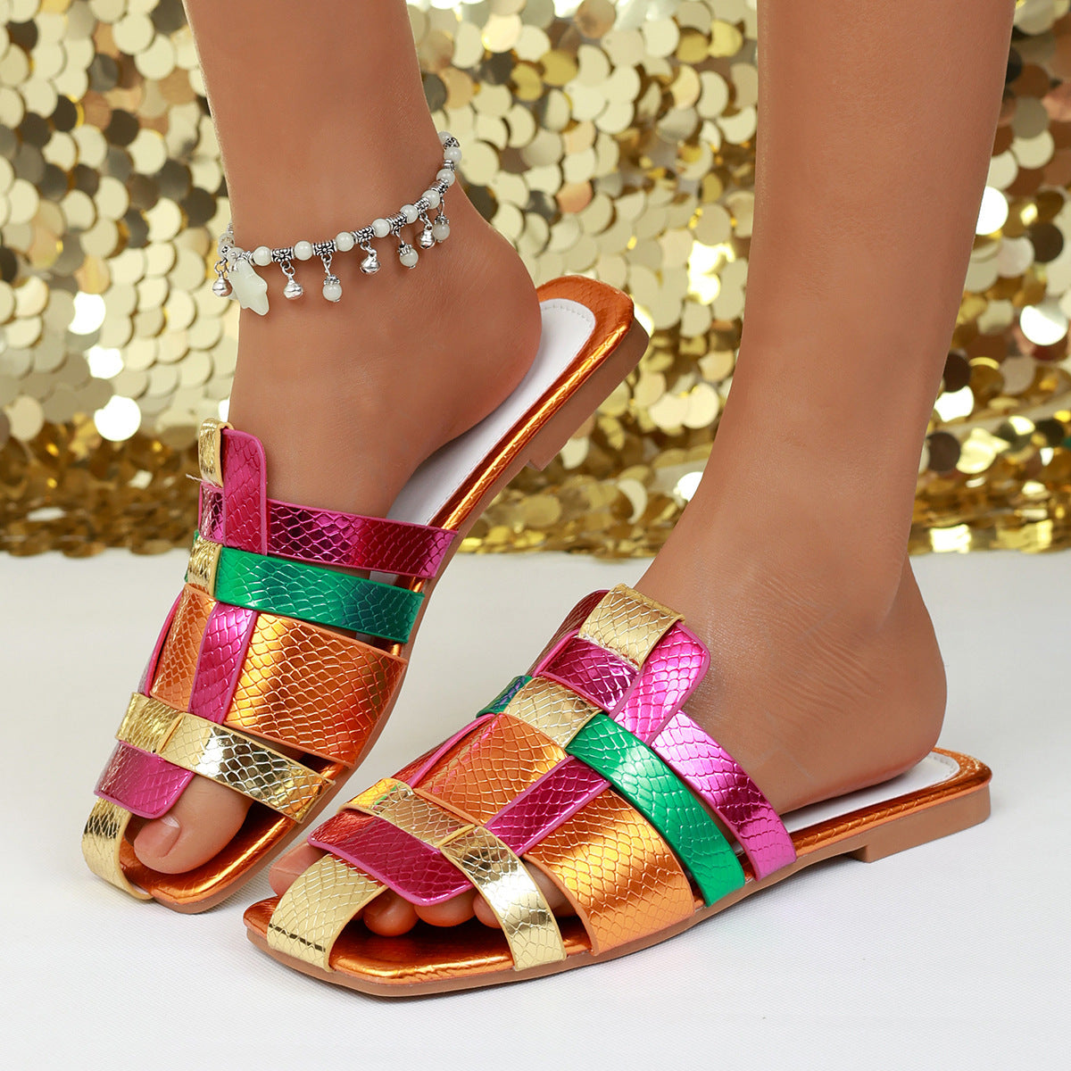 Lioraine | Women’s Orthopedic Rainbow Metallic Slide Sandals