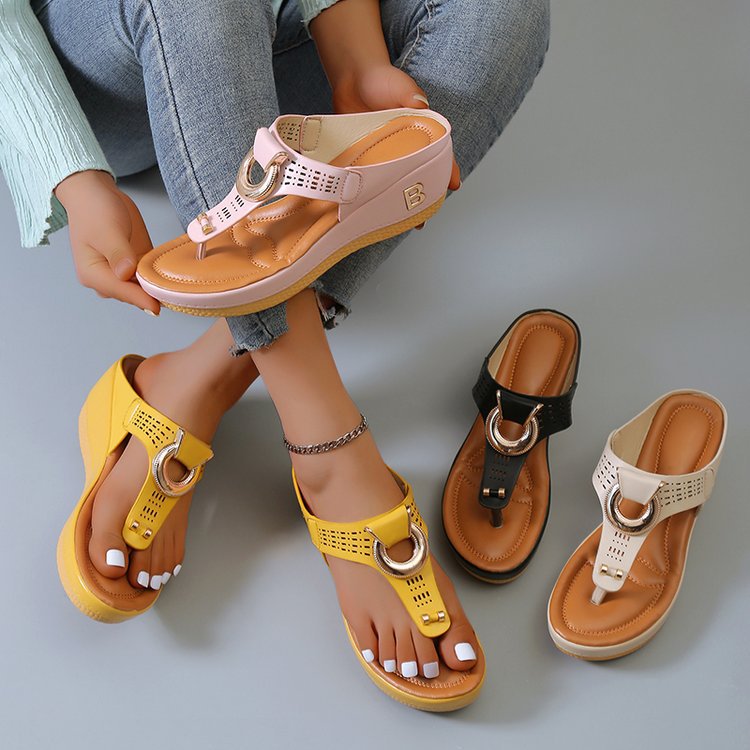 OrthoCare High Heel Thong Sandals With Metallic Decorations