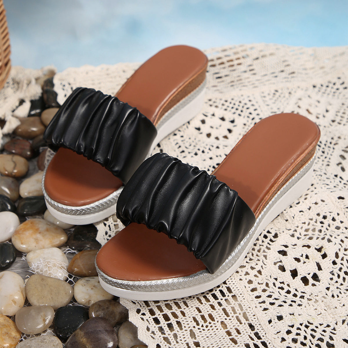 OrthoCare Pleated Cross Strap Wedge Slide Sandals