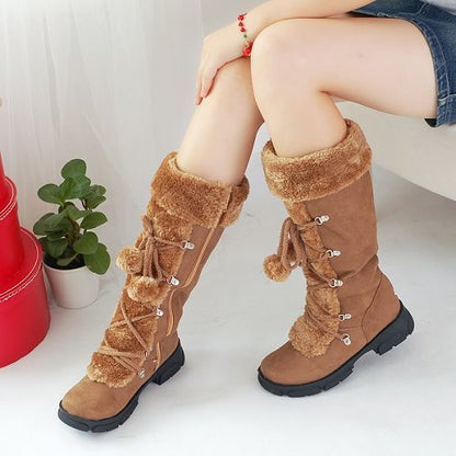 Valeria | Orthopedic Tall Lace-Up Fur Pom Suede Winter Boots