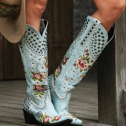 OrthoCare Floral Blue Studded Pointed Toe Boots