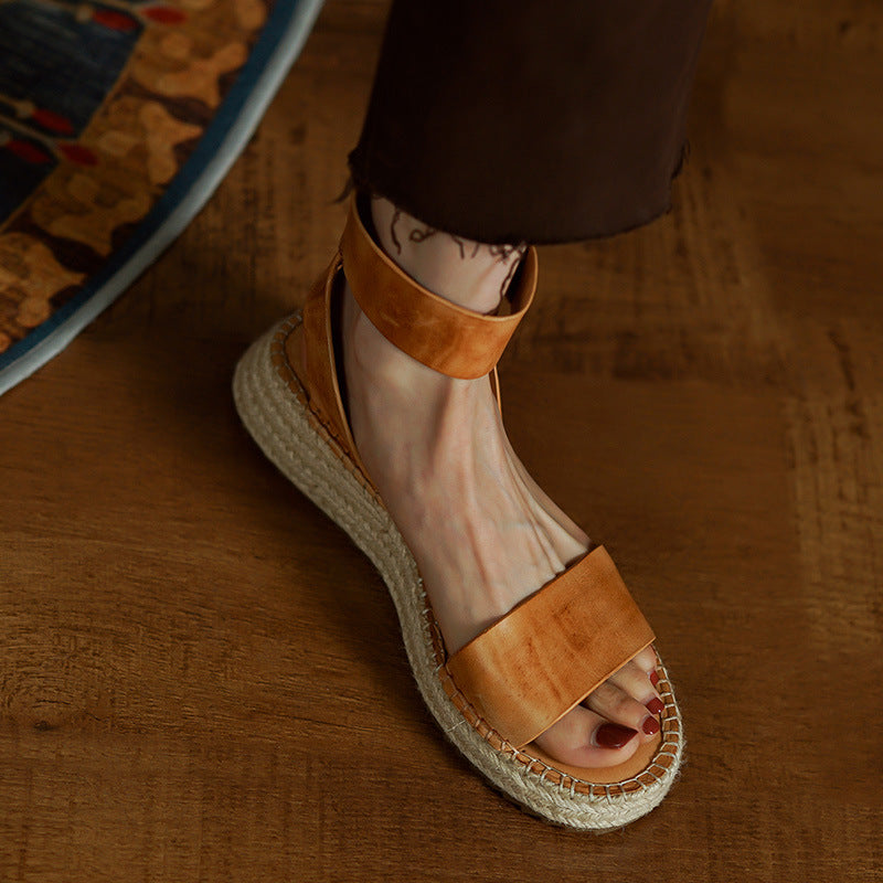 OrthoCare Vintage Flat Sandals In Braided Leather With A Wedge Heel