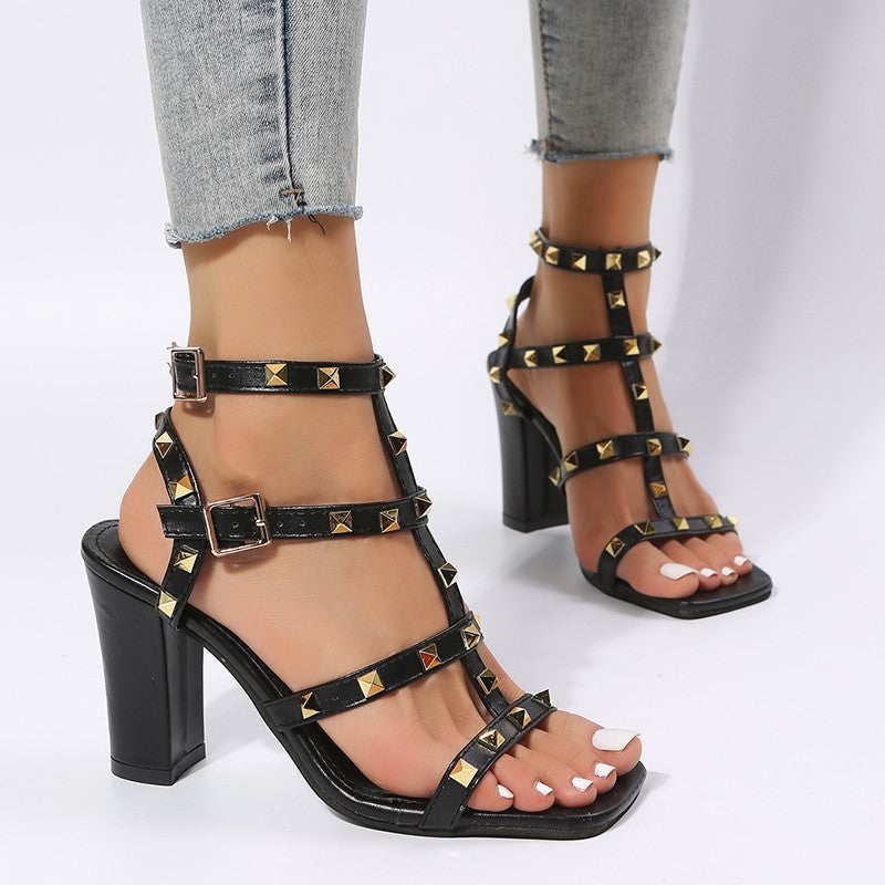 OrthoCare Rivet Sandals With Square Heels - Gladiator Elegance